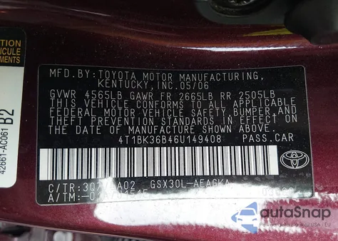 2006 Toyota Avalon Xls from USA, damaged, VIN 4T1BK36B46U149408